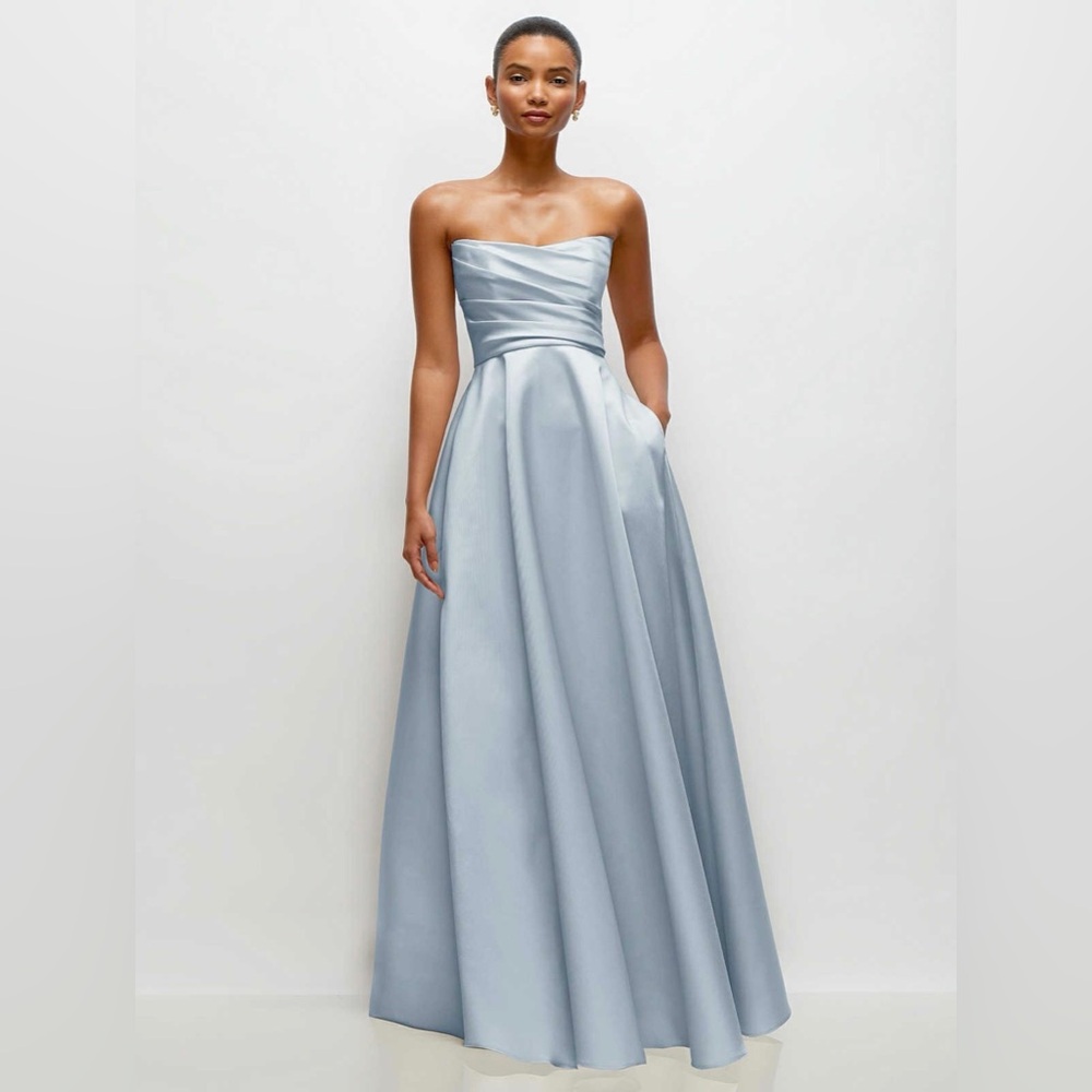 STRAPLESS DRAPED CAT-EYE SATIN MAXI DRESS WITH FULL SKIRT IN MIST